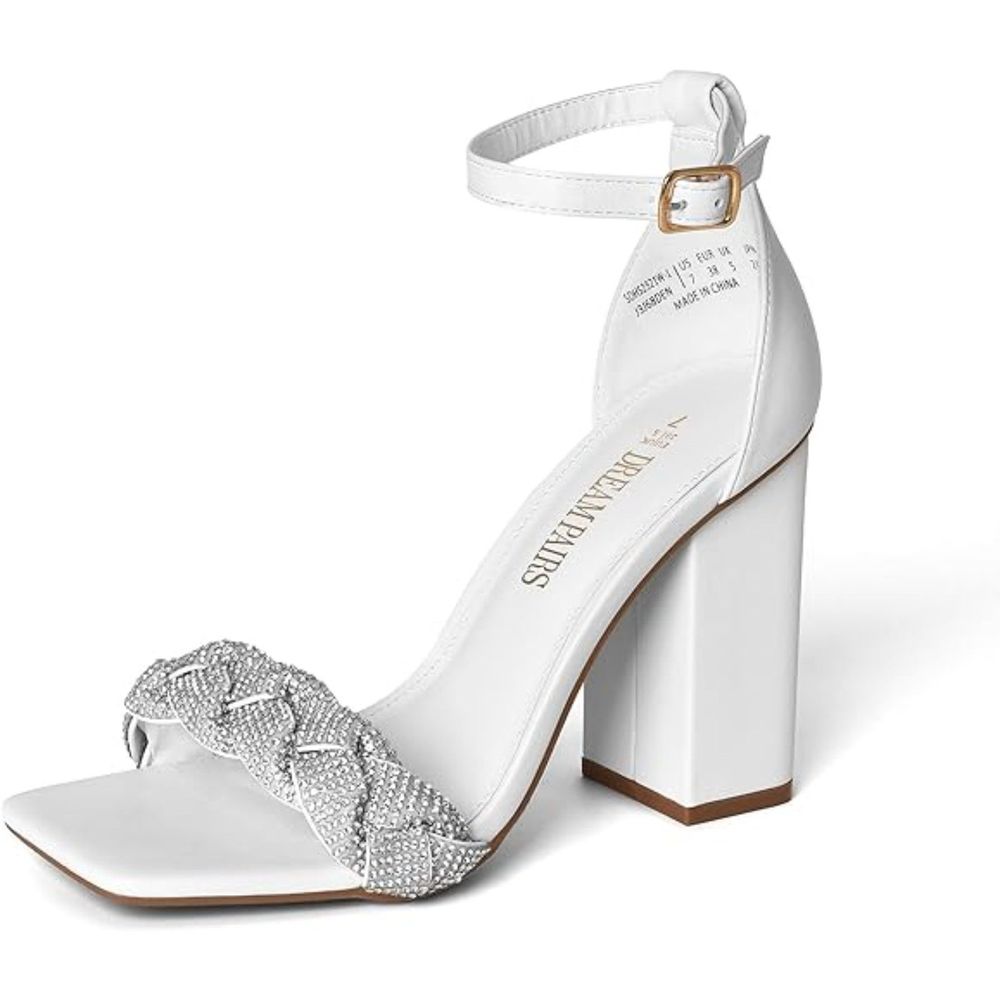 Women's  Heels for Women Braided Open Toe Ankle Strap White High Block Chunky